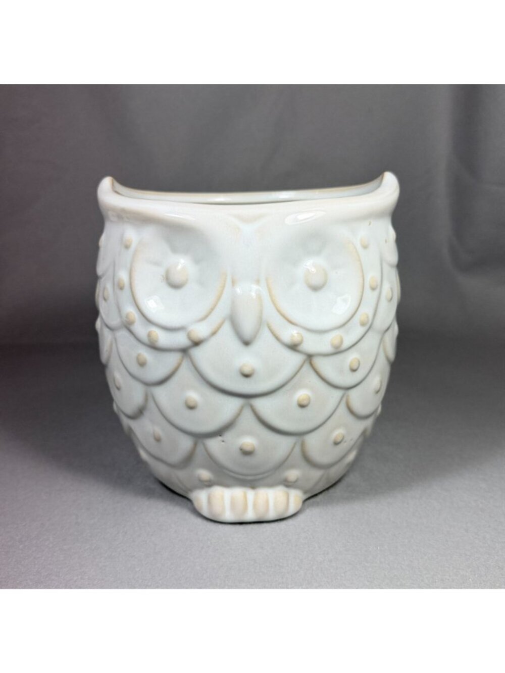 White Ceramic Owl Utensil Holder Crock Embossed Boho Farmhouse Kitchen Decor - Picture 16 of 16